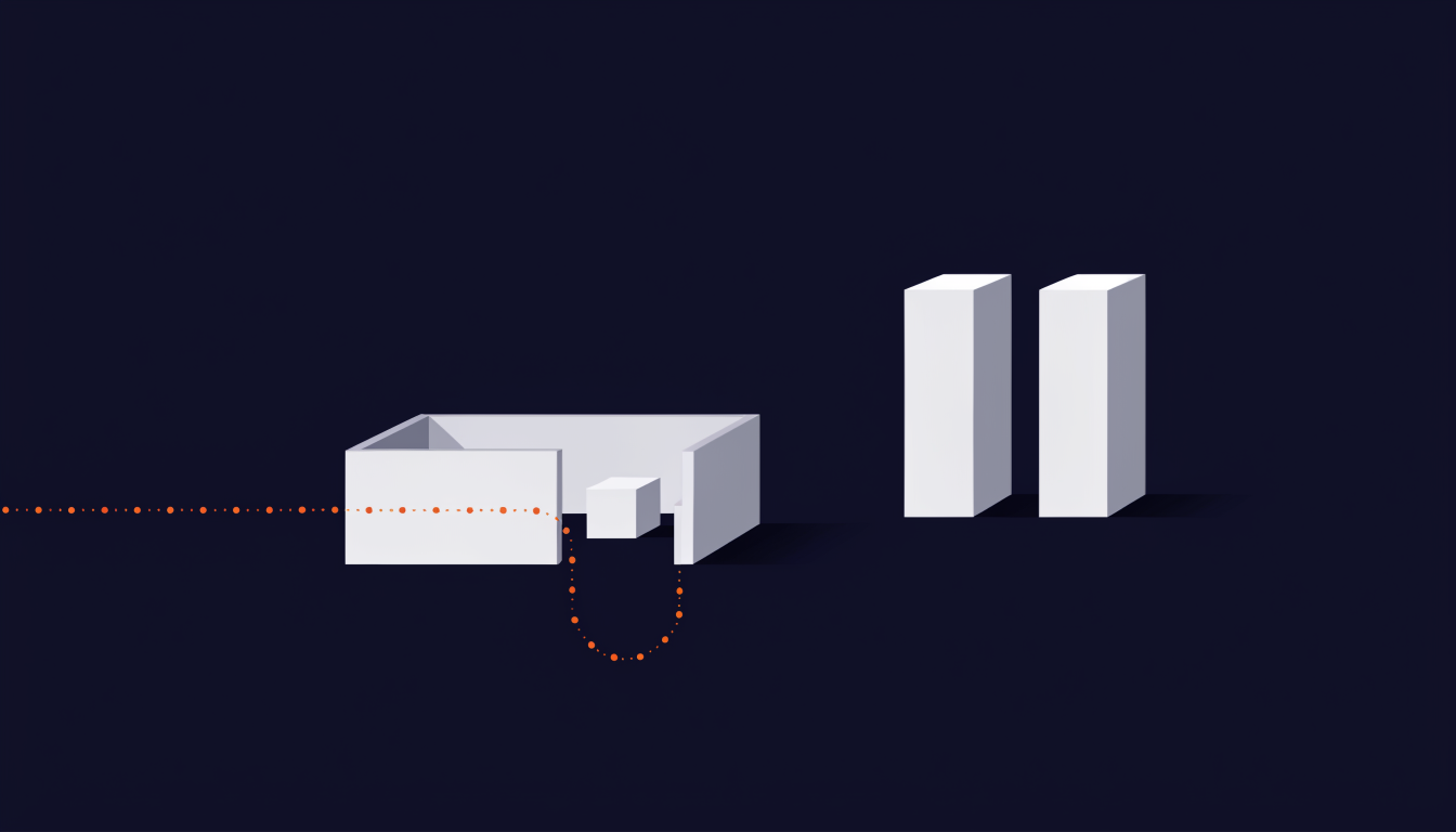 An orange dotted path reaching the one gap in a low white enclosure and curving back outside it, a single small cube inside, two tall blocks standing apart untouched