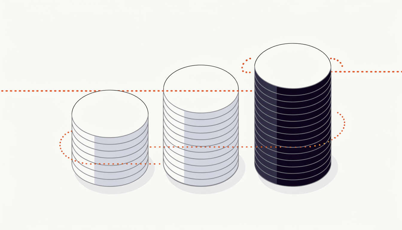 Three stacks of thin plates measured against one dotted orange line at the expected amount — the first stack short of it, the second level with it, the third above it