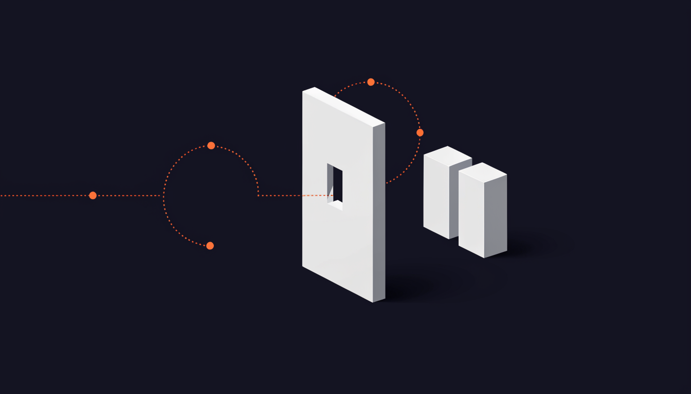 An orange dotted path entering a slot in a white wall, looping behind it and leaving through the same slot, with two server blocks behind the wall untouched
