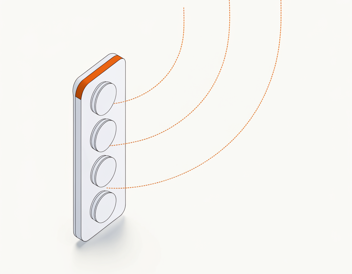 An illustration of an upright panel with four round sockets, three of them reached by separate dotted arcs curving in from the right — one arc per socket, none of them sharing a landing point.
