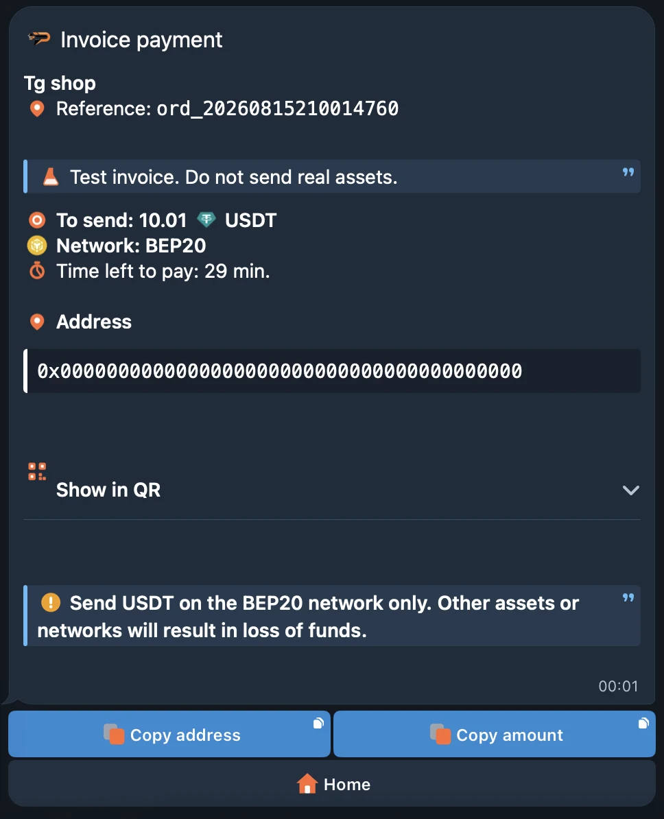 The same invoice once the network is chosen: 10.01 USDT on BEP20, the deposit address with copy buttons, a QR toggle, and a warning to send only USDT on BEP20.