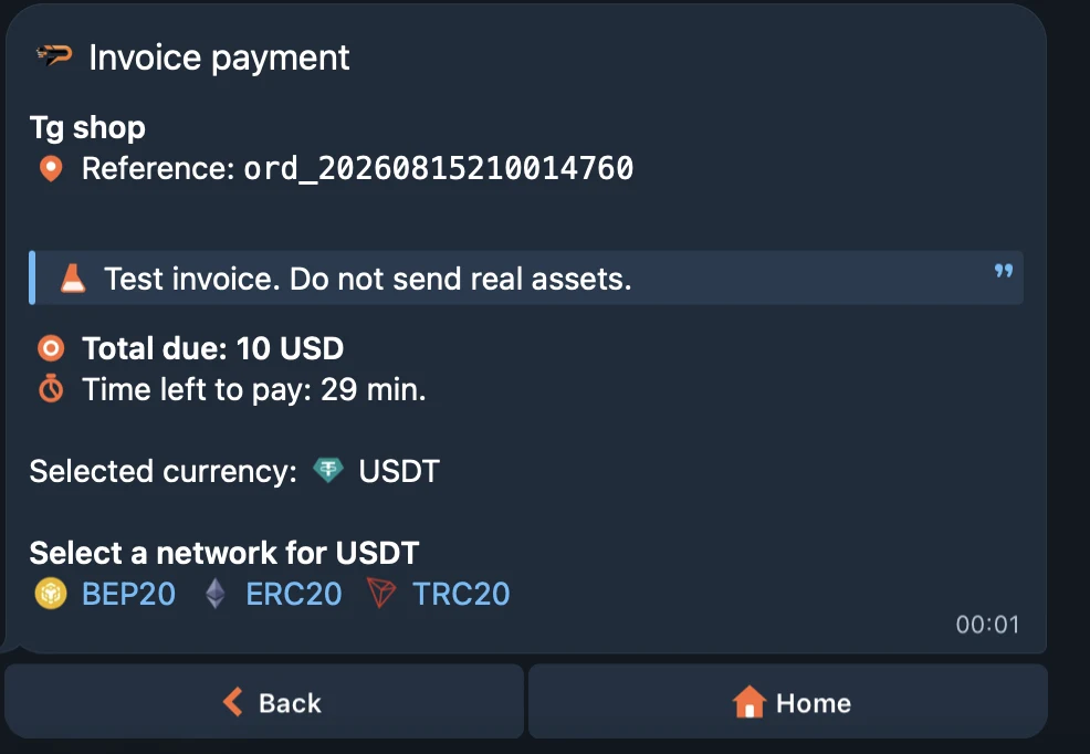 The Paymos bot in Telegram: an invoice from Tg shop for 10 USD with 29 minutes left, USDT selected, and BEP20, ERC20 and TRC20 offered as the network.